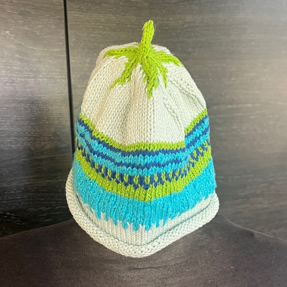 Handknit Happy Hat Cotton Blues and Greens Rolled End Small